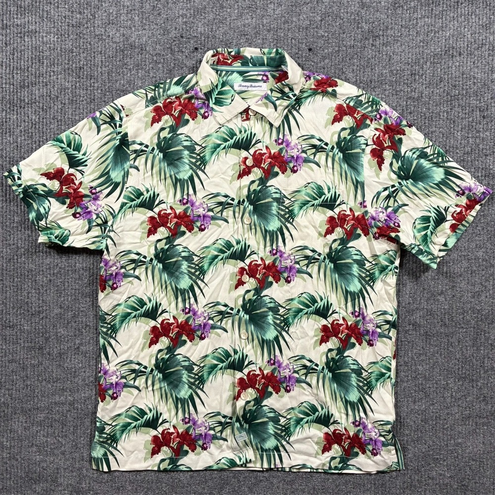 Tommy Bahama Mens Silk Hawaiian Shirt L Tropical Floral Camp Aloha Short Sleeve